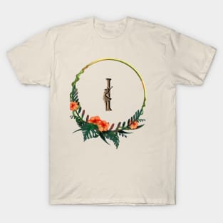 Tropical flowers on a circle frame around letter I and girl figure T-Shirt